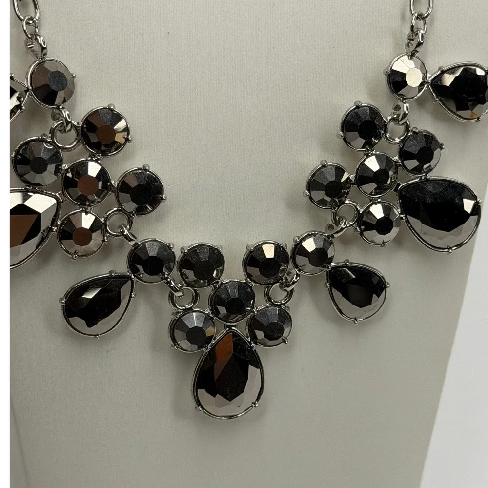Dark Silver Tone Faceted Stone Statement Bib Necklace Gunmetal Grey Adjustable